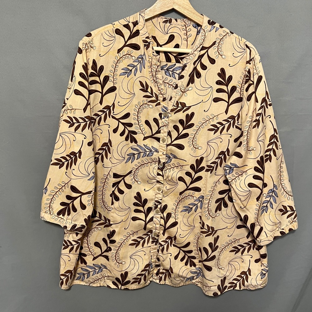 Cotton‎ Vacation Floral Button Down Top 3/4 Sleeve Blouse Beige Brown Plus Size